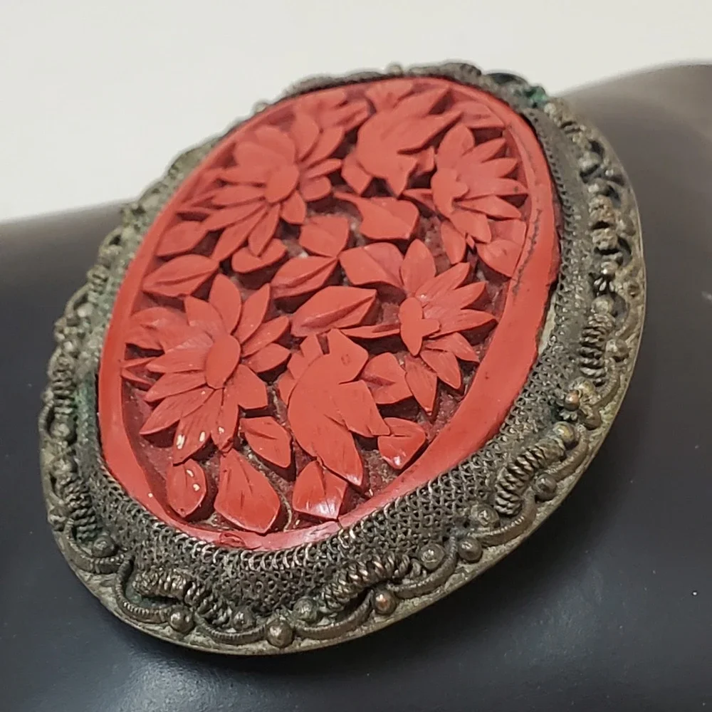 Vintage Chinese Carved Cinnabar Brooch Birds And Flowers Setting Filagree